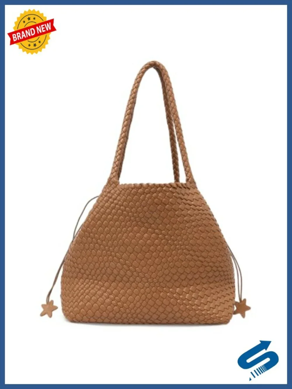 Handwoven Faux Leather Tote with Pouch, Large Vegan Leather Shoulder Purse for